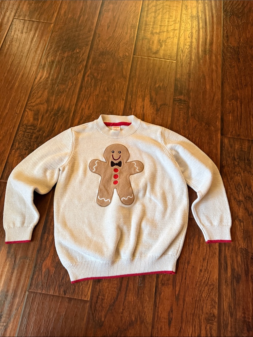 Gymboree Cream Crewneck Sweater with Red Trim and Gingerbread Applique. Like new